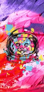 Colorful cat astronaut on vibrant abstract background.