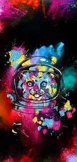 Colorful cat in astronaut helmet on cosmic background wallpaper.