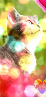 Cat with bokeh effect and colorful hearts in a vibrant wallpaper.