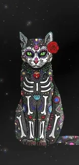 Colorful cat calavera on black background.