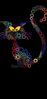 Colorful cat design with circles on black background.