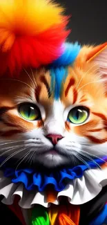 Vibrant cat in clown costume with rainbow colors.