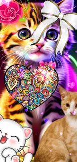 Colorful collage of cartoon cats with neon lights and playful elements.