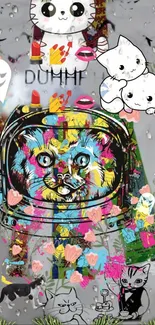 Vibrant cat collage with playful kittens and cartoon design on shiny gray background.