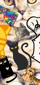 Colorful collage of cartoon and artistic cats in a vibrant mobile phone wallpaper.