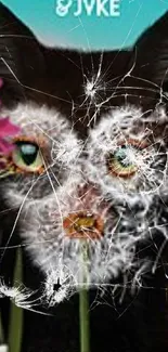 Creative cat face with flowers and dandelions, vibrant wallpaper design.