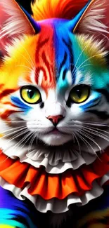 Rainbow-colored cat with a vibrant coat and playful ruffled collar on black background.