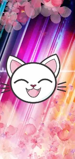 Cheerful cat emoji on colorful abstract floral wallpaper.