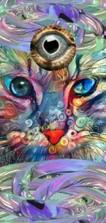 Abstract colorful cat face with vibrant eye design.