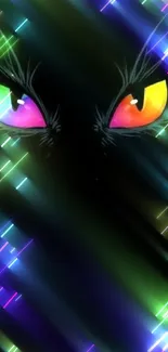 Vibrant neon cat eyes on a dark abstract background wallpaper.