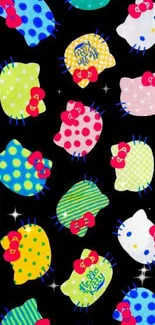 Colorful cat faces pattern on black wallpaper.