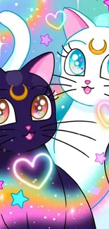 Colorful cats with stars and hearts on a magical rainbow background.