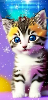 Cute cat in colorful fantasy background with snowflakes.