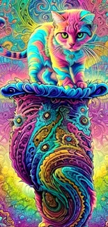 Colorful cat atop a psychedelic pedestal with vibrant fantasy background.