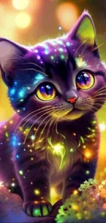 Colorful fantasy cat with glowing lights on a vibrant background.