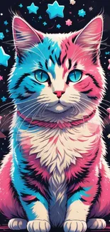 Colorful cat with pink and blue hues surrounded by stars.