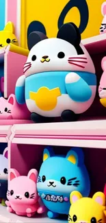 Colorful kawaii cat figurines on a shelf display.