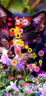 Playful cat and floral mobile wallpaper with vibrant colors.