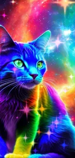 A neon-colored cat sits against a vibrant galaxy background.