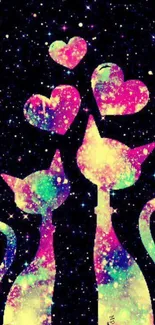 Colorful galaxy cats and hearts wallpaper.