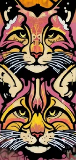 Vibrant street art featuring colorful cat graffiti on a pink background.