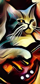 Vibrant artistic wallpaper of a colorful cat playing a guitar.