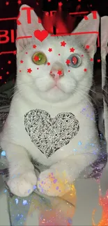 White cat with heart and colorful stars wallpaper.