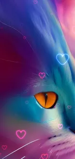 Vibrant blue and pink cat wallpaper with neon hearts.