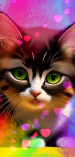 Colorful cat with hearts mobile wallpaper.