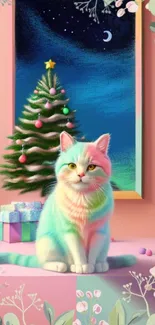 Colorful cat with Christmas tree in pastel tones.