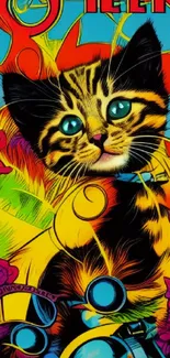 Colorful illustrated cat in a vibrant red and orange wallpaper.