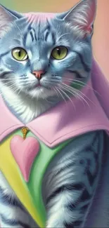 Colorful cat in a costume with pastel pink hues on mobile wallpaper.