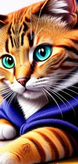 Orange cat with green eyes in a blue sweater on colorful background.