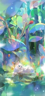 Whimsical colorful forest with a white cat lounging.