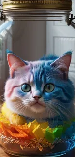 A colorful cat sits inside a glass jar with rainbow candies.