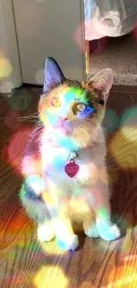 Cute cat in rainbow light on wooden floor, creating vibrant patterns.