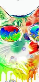 Colorful cat wearing sunglasses in an artistic mobile wallpaper.