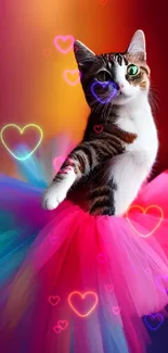 Playful cat wearing a colorful tutu against a vibrant gradient background.