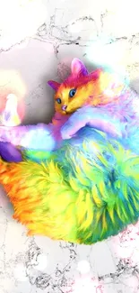 A rainbow-colored cat on a white marble background, creating a vibrant art piece.