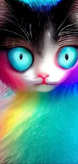 Surreal cat with blue eyes and rainbow fur in colorful mobile wallpaper.