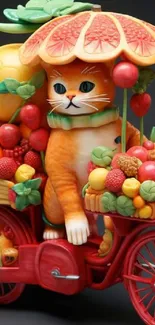 Whimsical cat riding a bicycle with fruits.