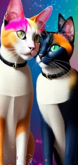 Vibrant pair of colorful cats on a mobile wallpaper.