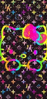 Colorful cat pattern mobile wallpaper with a neon style on a black background.