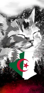 Vivid wallpaper with cat and Algeria theme on phone screen.