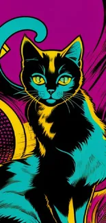 Vibrant pop art style wallpaper featuring a colorful cat silhouette.