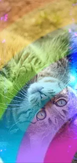 Cat lying on ground with colorful rainbow overlay.