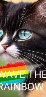 A striking wallpaper of a cat with rainbow hues on a mobile screen.