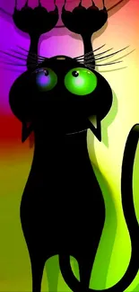 Colorful neon wallpaper with black cat silhouette.