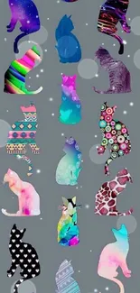 Vibrant cat silhouette wallpaper with colorful patterns on a grey background.