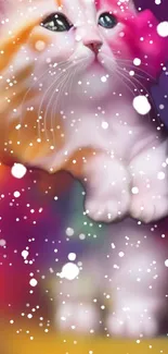 Colorful artistic cat with snowflakes in vibrant hues.